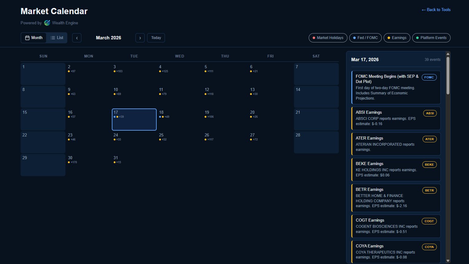 Market Calendar — earnings, FOMC events, and market holidays